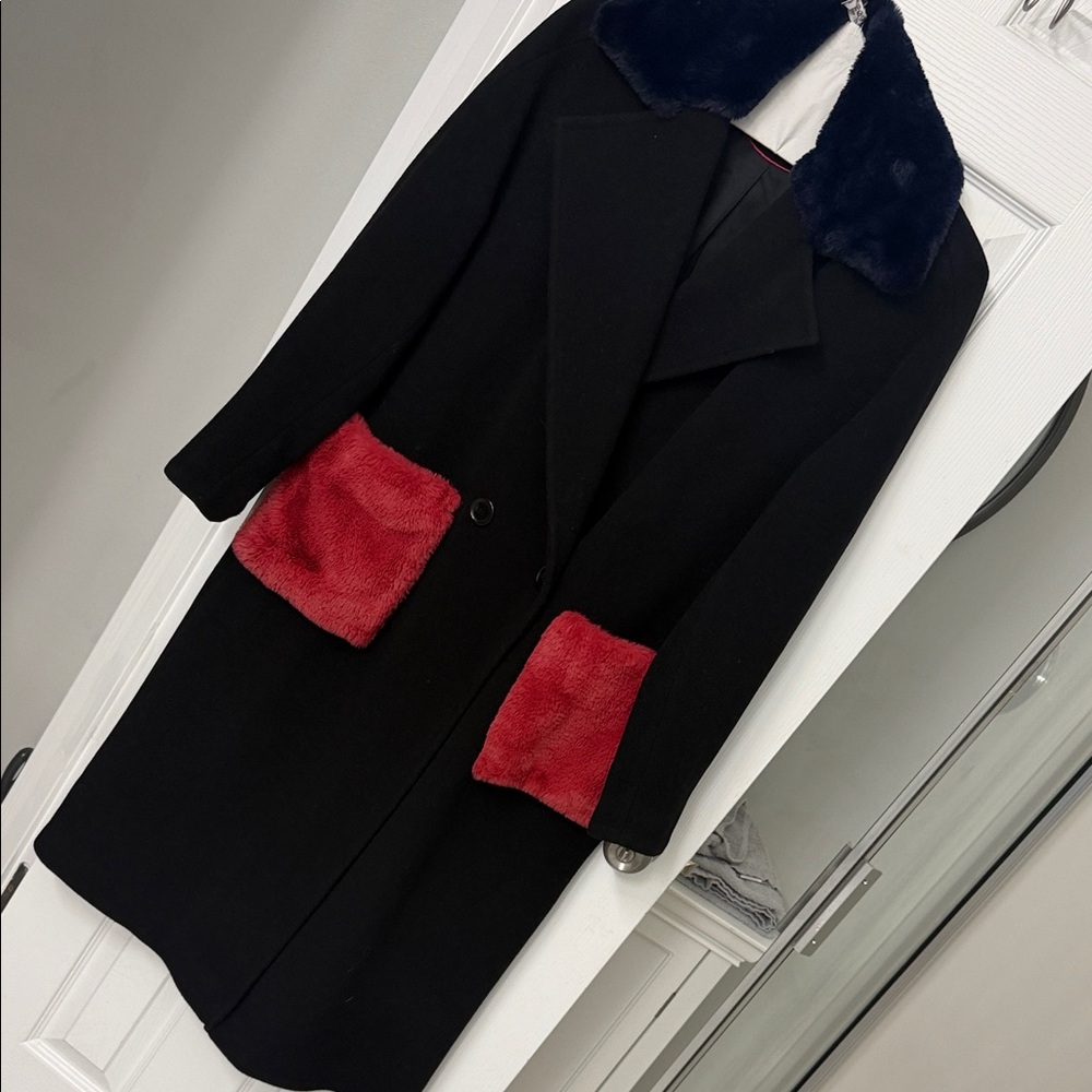 Helene Berman Black Trench Coat with Red Pocket Accents and Navy Collar